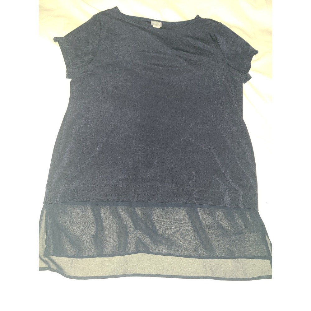 Chicos Travelers‎ Navy Blue Sheer Trim Short Sleeve Tunic Top Womens Size 2P